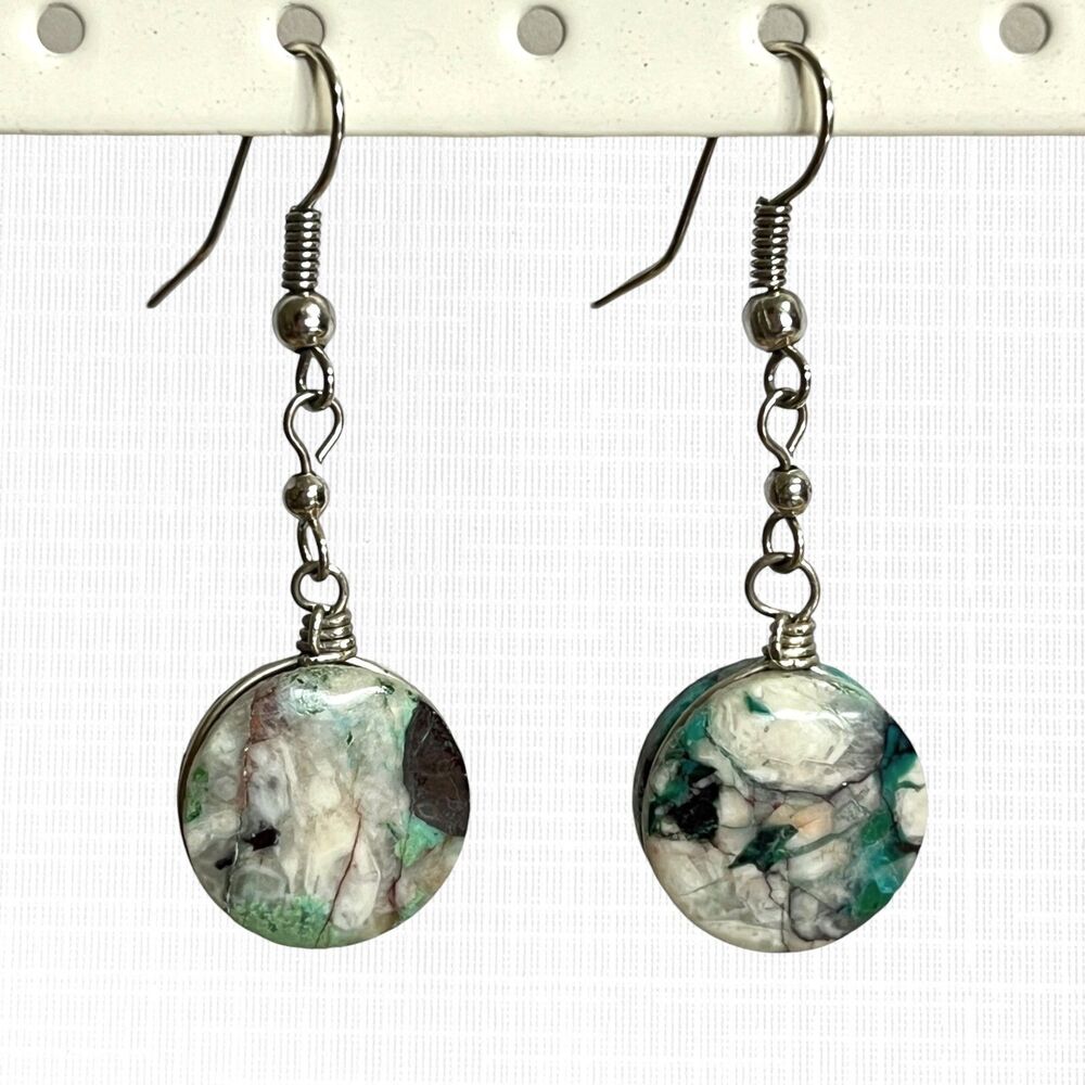 Handcrafted Dangle Stone Disc Earrings Silver Tone Hooks Turquoise Blue Marbled